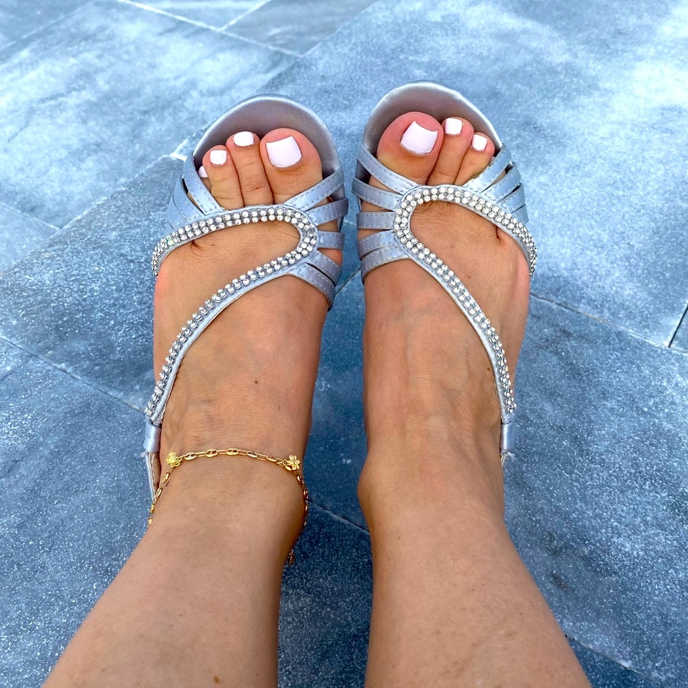 Camille Silver Satin Sandals with rhinestones